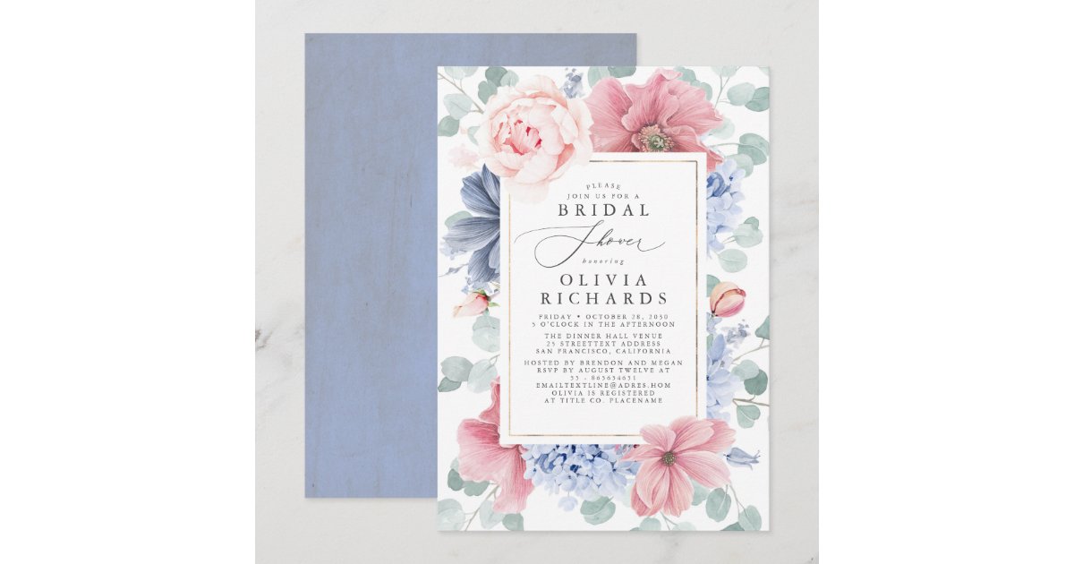 Dusty Rose and Dusty Blue Floral Bridal Shower Invitation Zazzle