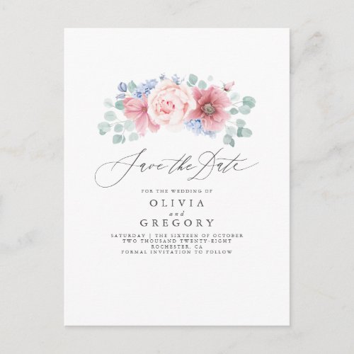 Dusty Rose and Dusty Blue Floral Save the Date Announcement Postcard