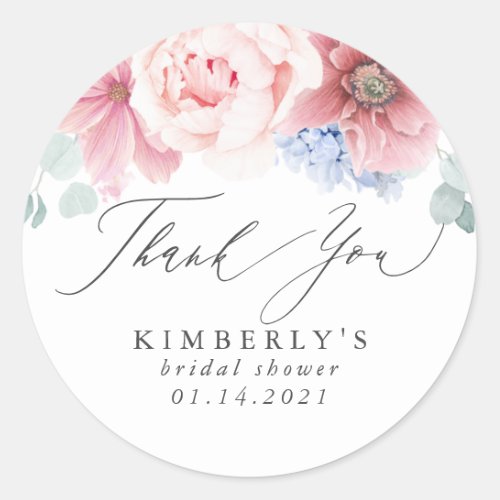 Dusty Rose and Dusty Blue Floral Thank You Classic Round Sticker