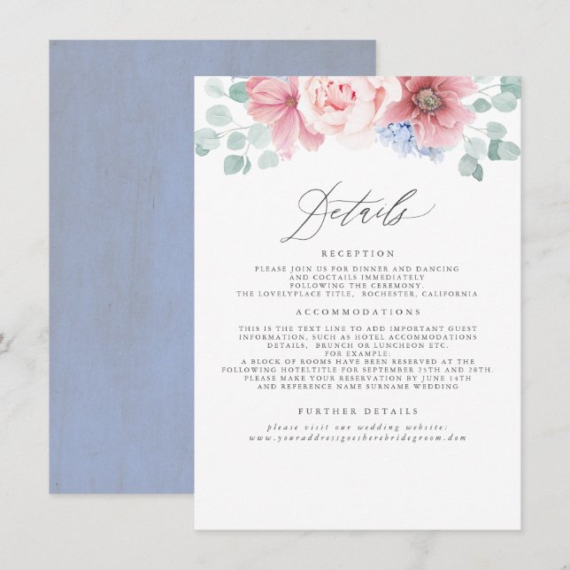 Dusty Rose and Dusty Blue Floral Wedding Details Enclosure Card (Front/Back)