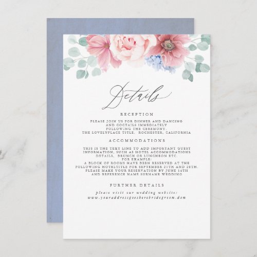 Dusty Rose and Dusty Blue Floral Wedding Details Enclosure Card