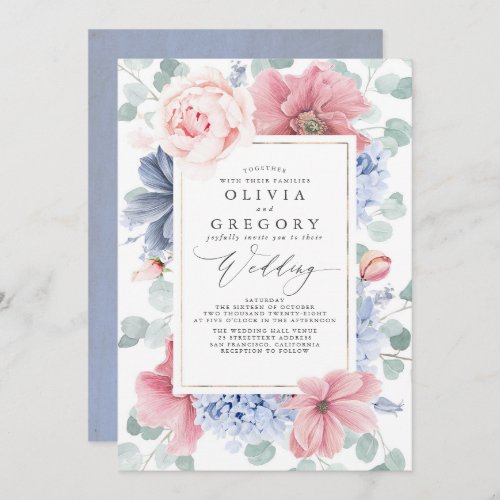 Dusty Rose and Dusty Blue Flowers Elegant Wedding Invitation | Gabriel ...