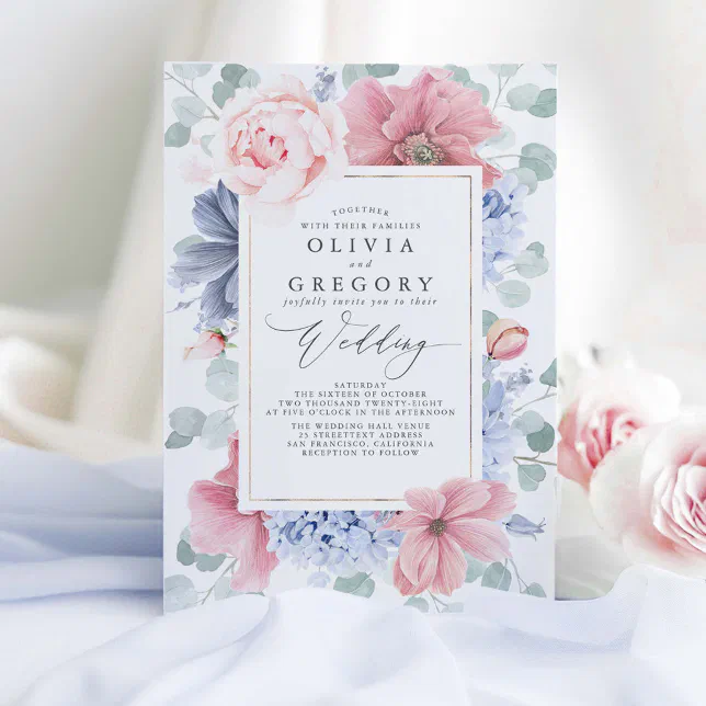 Dusty Rose and Dusty Blue Flowers Elegant Wedding Invitation | Zazzle