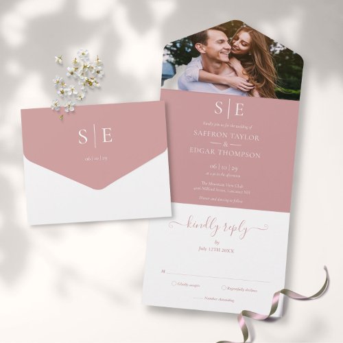 Dusty Rose And Gold Monogram Photo Wedding All In One Invitation