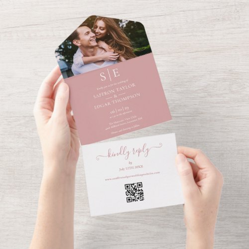 Dusty Rose And Gold Monogram QR Code Photo Wedding All In One Invitation