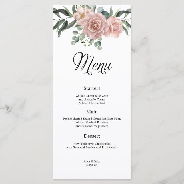 Dusty Rose and Greenery Floral Wedding Menu (Front)