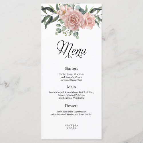 Dusty Rose and Greenery Floral Wedding Menu