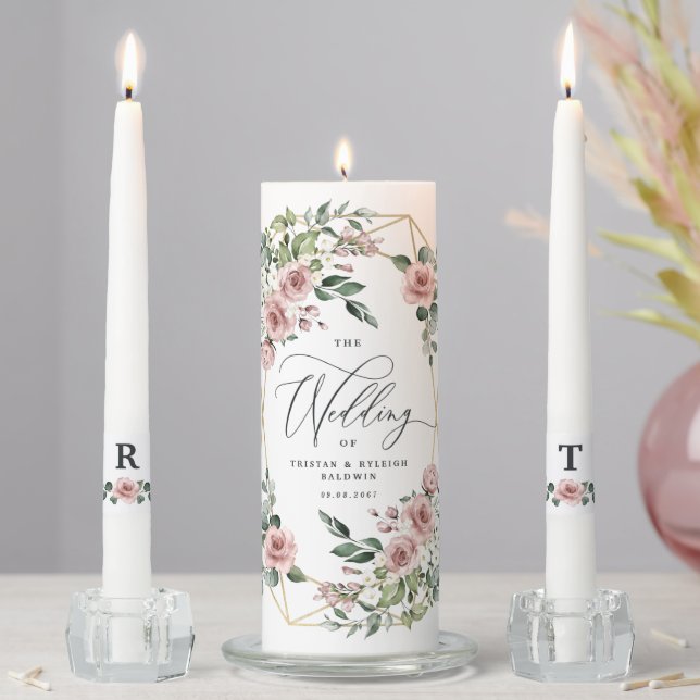 Dusty Rose and Greenery Geometric Wedding Ceremony Unity Candle Set (In Situ)