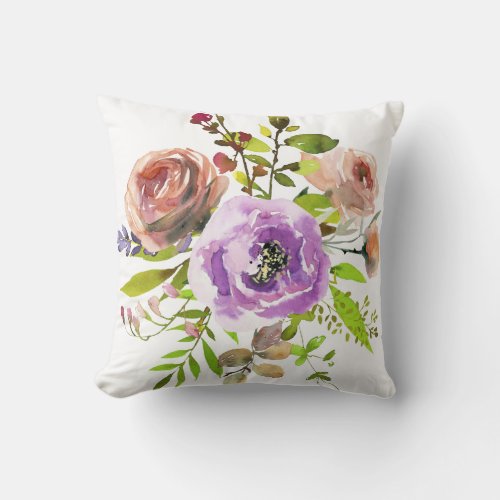 Dusty rose and lilac watercolor peony roses throw pillow