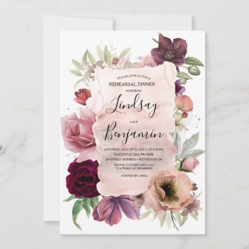 Dusty Rose and Marsala Red Floral Rehearsal Dinner Invitation