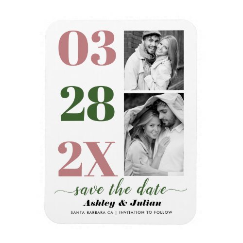 Dusty rose and moss green two photo Save the Date Magnet