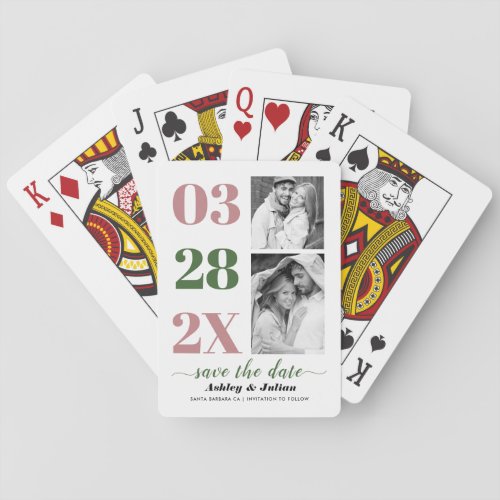 Dusty rose and moss green two photo Save the Date Poker Cards