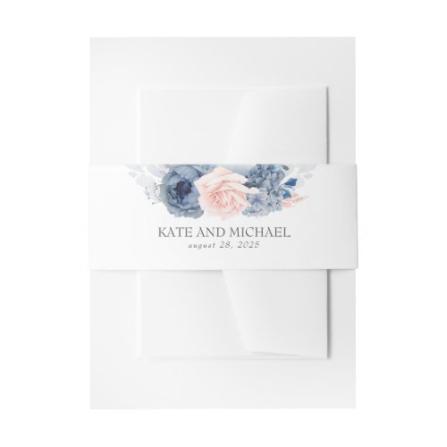 Dusty Rose And Navy Blue Floral Wedding Invitation Belly Band
