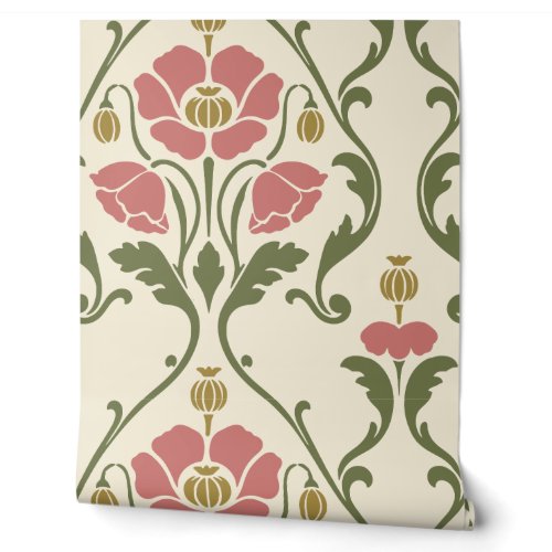 Dusty Rose and Olive Art Nouveau Poppy Damask Wallpaper