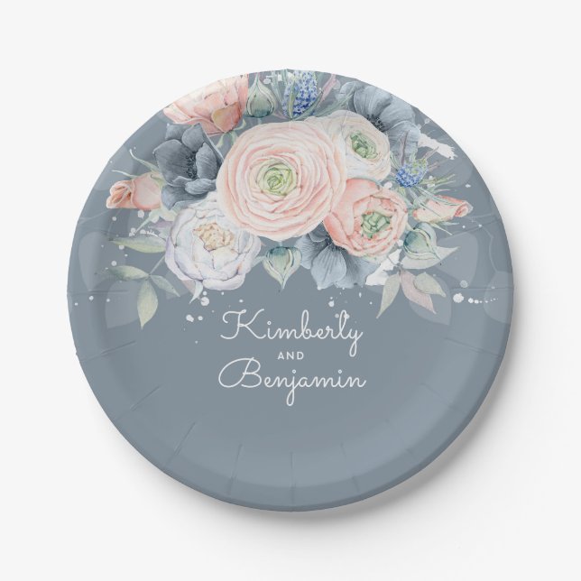 Dusty Rose and Pale Blue Floral Elegant Wedding Paper Plates (Front)