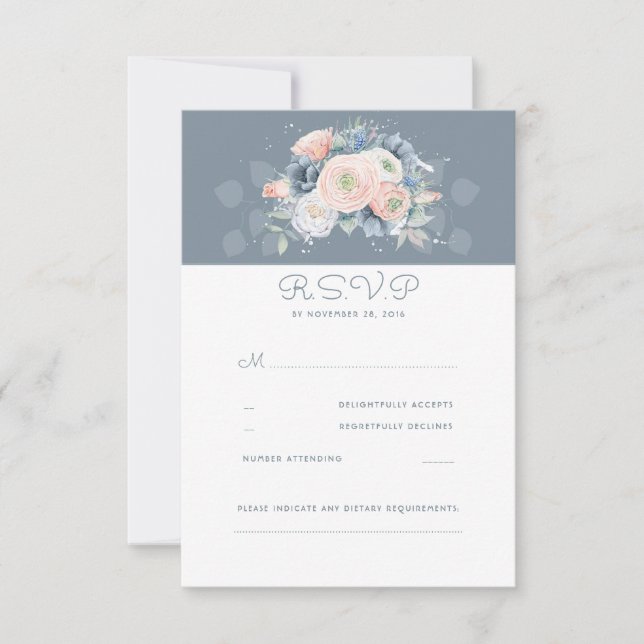Dusty Rose and Pale Blue Floral Wedding RSVP (Front)
