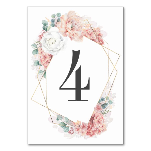 Dusty Rose and Peach Floral Wedding Table Number (Front)