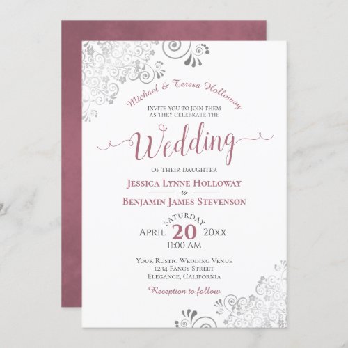 Dusty Rose and Silver Lace Formal White Wedding Invitation