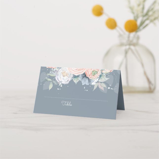 Dusty Rose and Slate Blue Floral Elegant Place Card (Front)