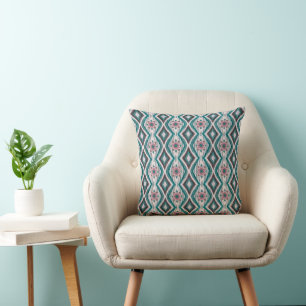 Dusty Rose and Teal Diamonds & Flowers Throw Pillow