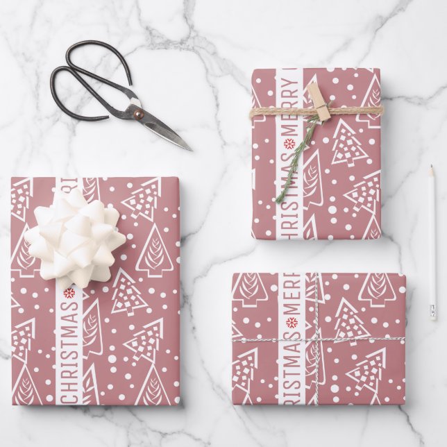 Dusty rose and white Christmas trees holiday Wrapping Paper Sheets (Front)