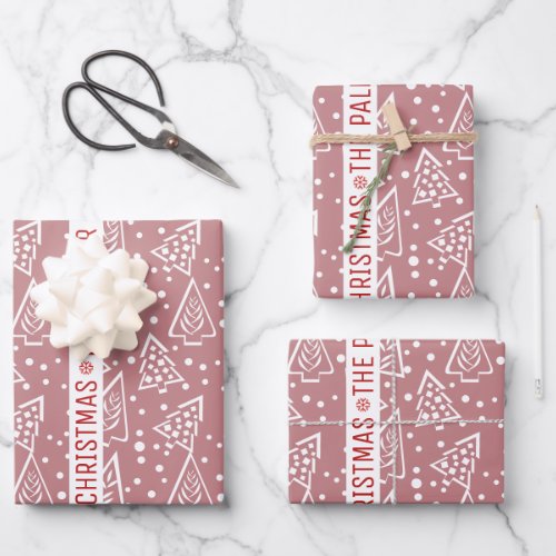 Dusty rose and white Christmas trees red name  Wrapping Paper Sheets