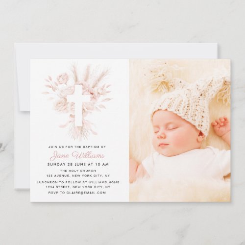 Dusty rose and white florals Baptism photo Invitation