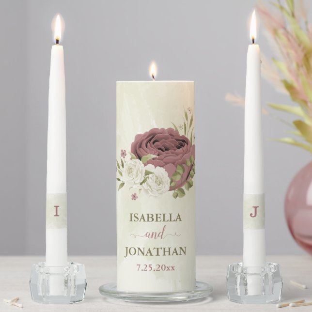 dusty rose and white flowers wedding unity candle set (In Situ)