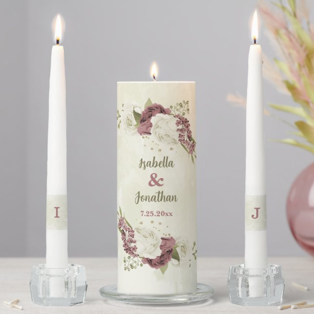 dusty rose and white flowers wedding unity candle set (In Situ)