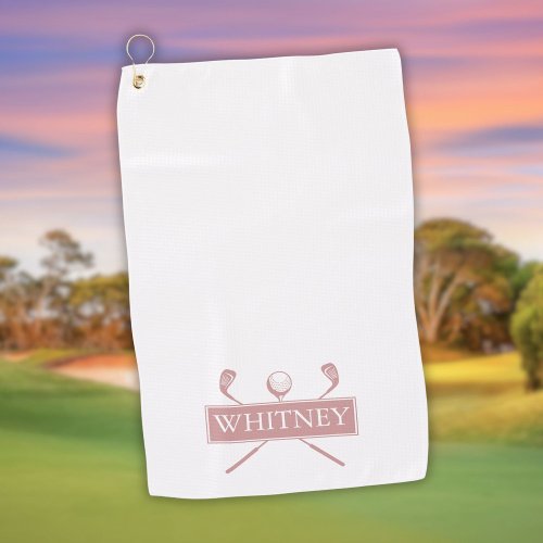 Dusty Rose And White Golf Clubs Personalized Name Golf Towel