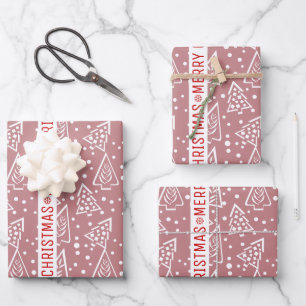 Dusty rose and white Merry Christmas trees holiday Wrapping Paper Sheets