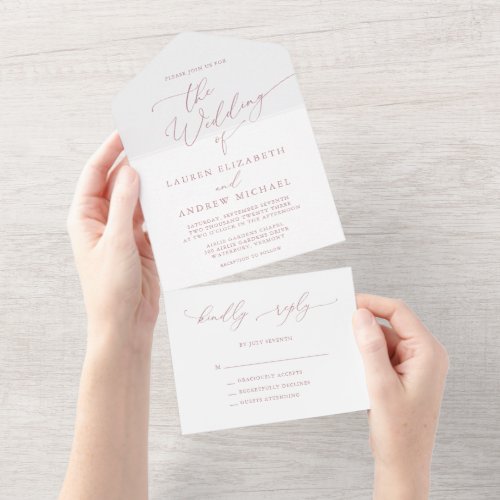 Dusty Rose and White Minimalist Wedding All In One All In One Invitation