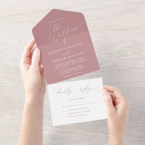 Dusty Rose and White Minimalist Wedding All In One Invitation