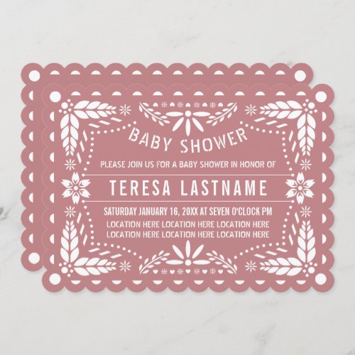 Dusty rose and white papel picado baby shower invitation
