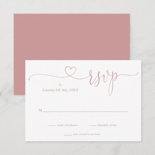 Dusty Rose And White Script Heart  RSVP Card (Front/Back)