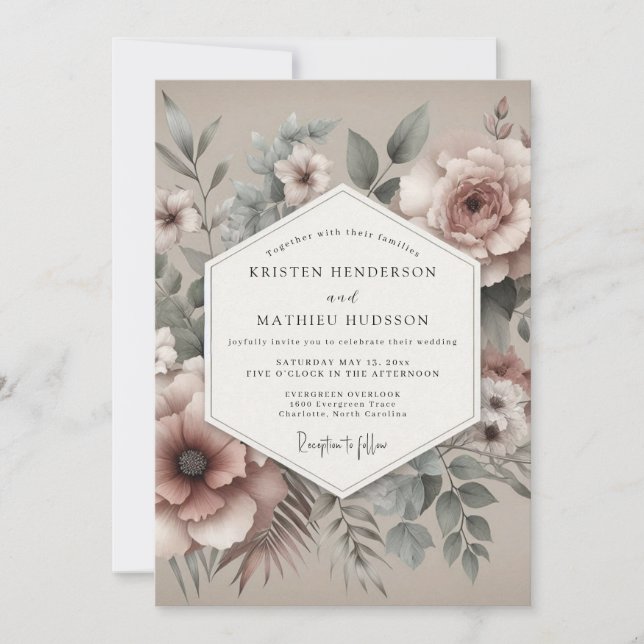 Dusty Rose Antique Floral Wedding Invitation (Front)