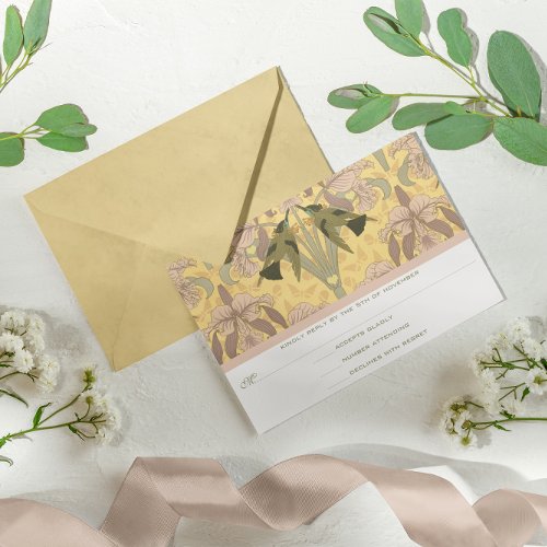 Dusty Rose Art Deco Hummingbirds Wedding RSVP Card