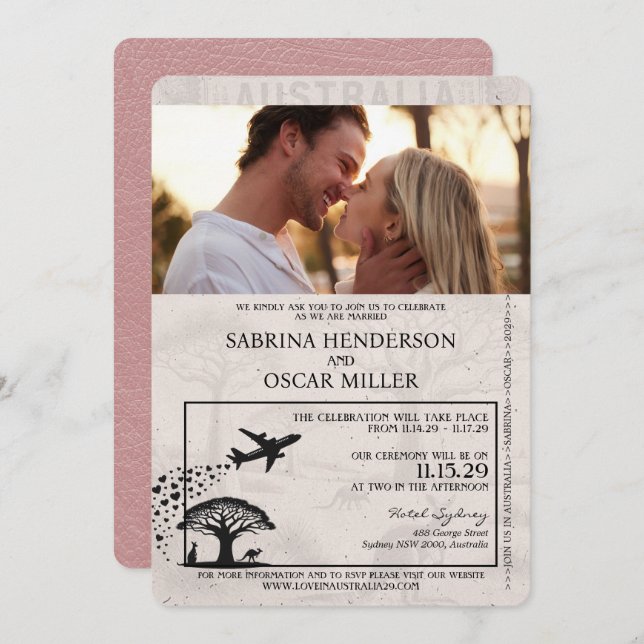 Dusty Rose Australia Passport Wedding Invitation (Front/Back)