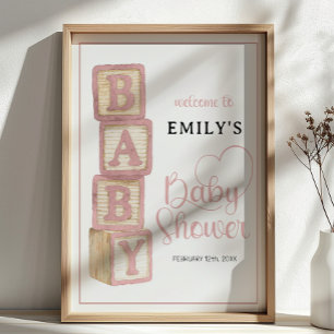Dusty Rose Baby Blocks Baby Shower Welcome Poster