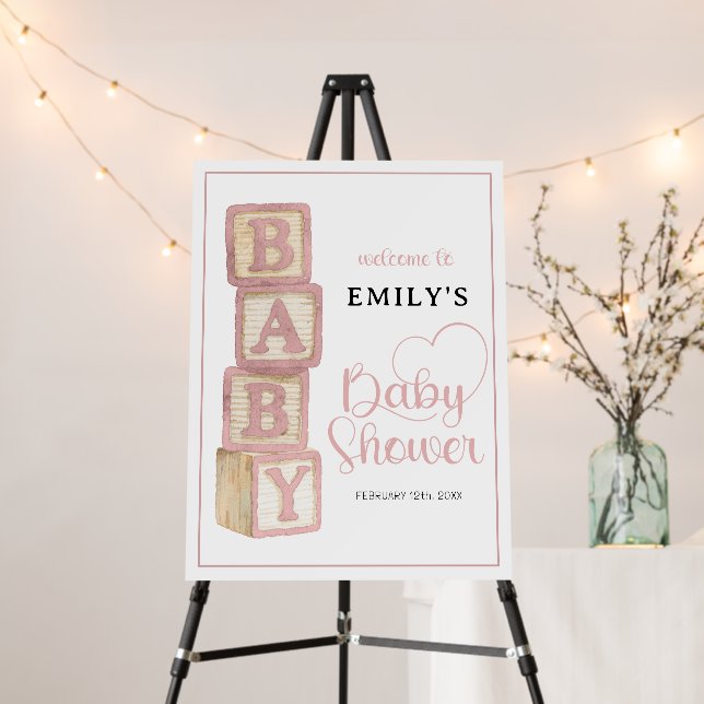 Dusty Rose Baby Blocks Welcome Baby Shower Sign (In Situ (Stand))
