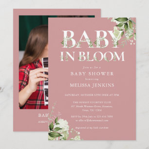 Dusty Rose Baby In Bloom Foliage Photo Baby Shower Invitation