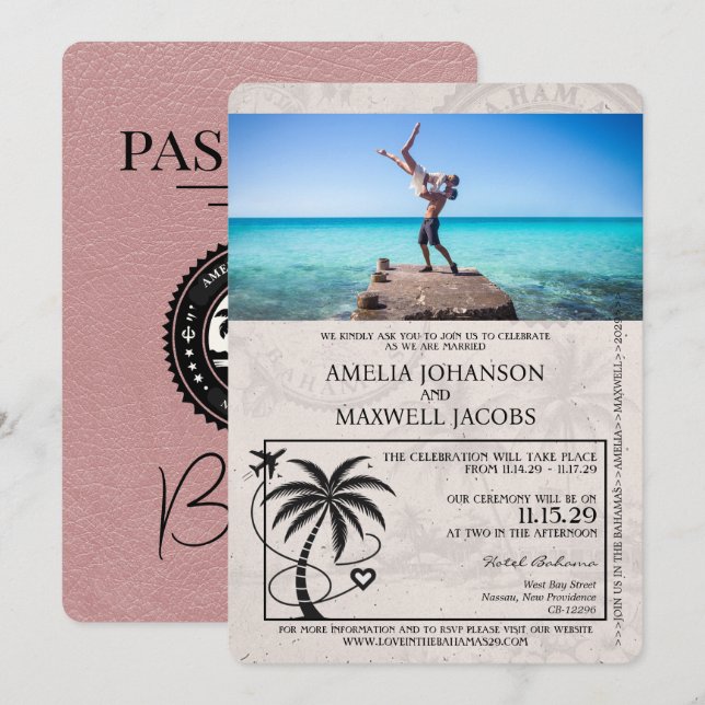 Dusty Rose Bahamas Passport Wedding Invitation (Front/Back)