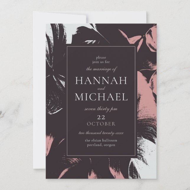 Dusty Rose Black Abstract Floral Wedding Invitation (Front)