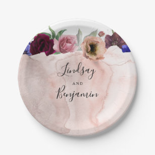 Dusty Rose Blue and Burgundy Red Floral Wedding Paper Plates