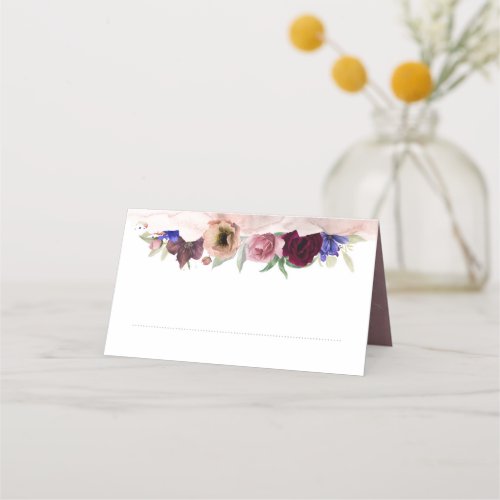 Dusty Rose Blue and Burgundy Red Floral Wedding Place Card