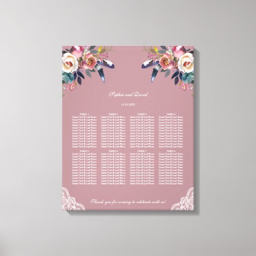  Dusty Rose Blue Floral Wedding Seating Chart  Canvas Print