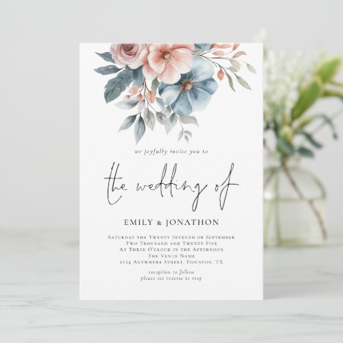 Dusty Rose  Blue Florals 3 Photos QR Code Wedding Invitation