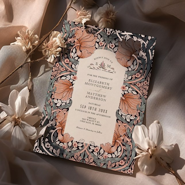 Dusty Rose & Blue Pimpernel Pattern William Morris Foil Invitation (Creator Uploaded)