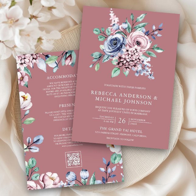 Dusty Rose Blue Pink Floral QR Code Wedding  Invitation (Creator Uploaded)