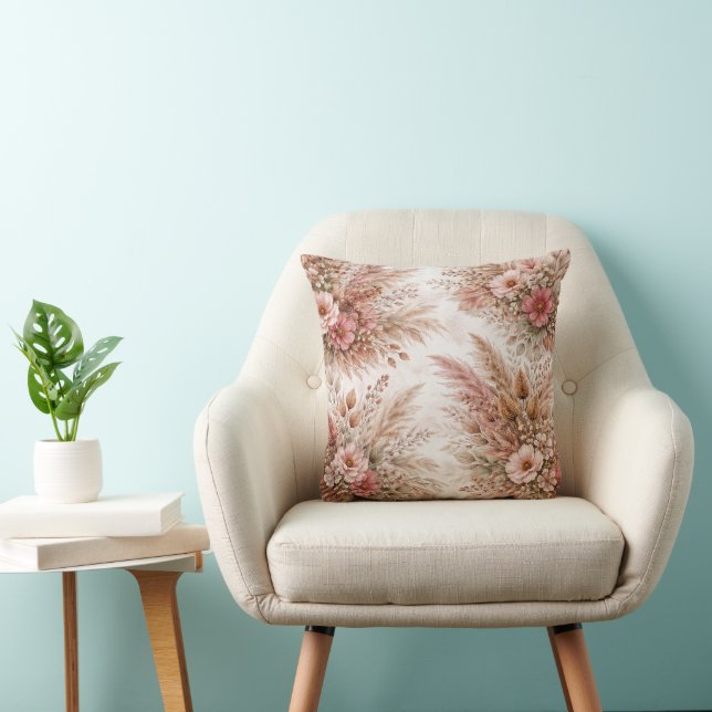 Dusty Rose & Blush Boho Floral Pattern Throw Pillow (Chair)